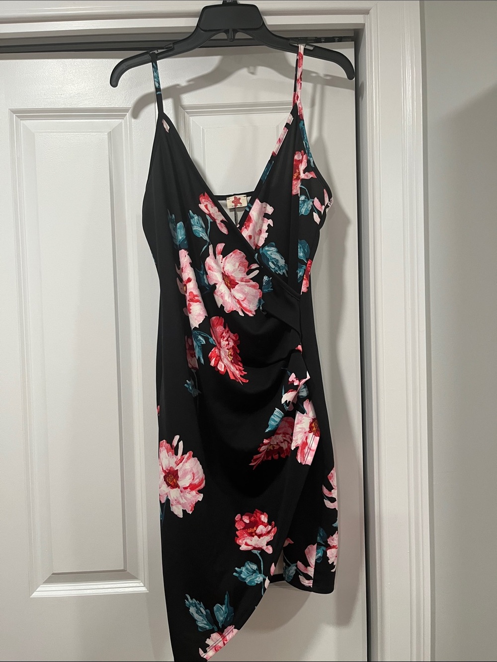 Black Floral Slip Dress with Pink & Teal Blooms